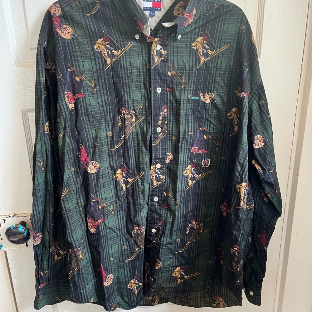 Tommy Hilfiger Dark Green Plaid Ski-Print Button Shirt